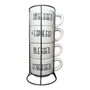 NWOT Set of 4 Coffee Tea Mugs Cups in Holding Rack NWOT